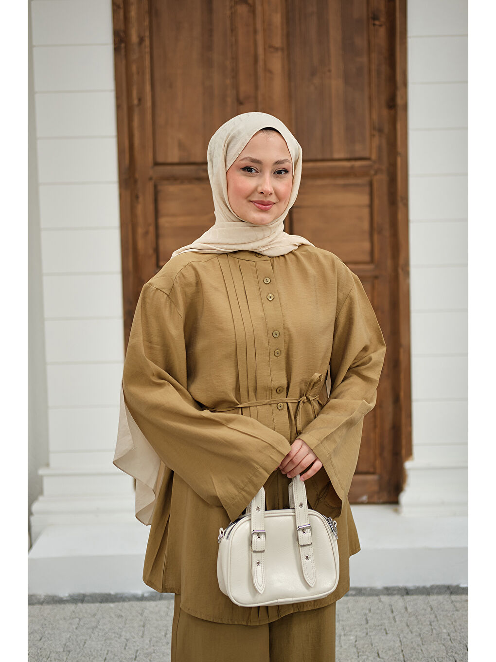 Kadın Büzgü Detay Bel Bağlamalı Takım Yağ Yeşil-2