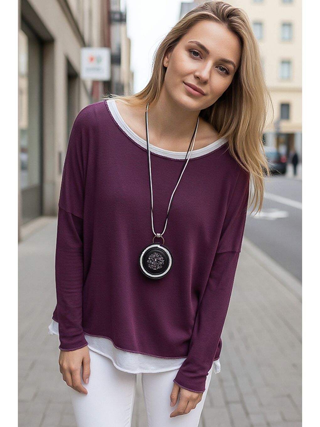 Mürdüm Rengi Havuz Yaka Uzun Kol İnce İkili Set Kolyeli Casual Oversize Triko Bluz 70 74