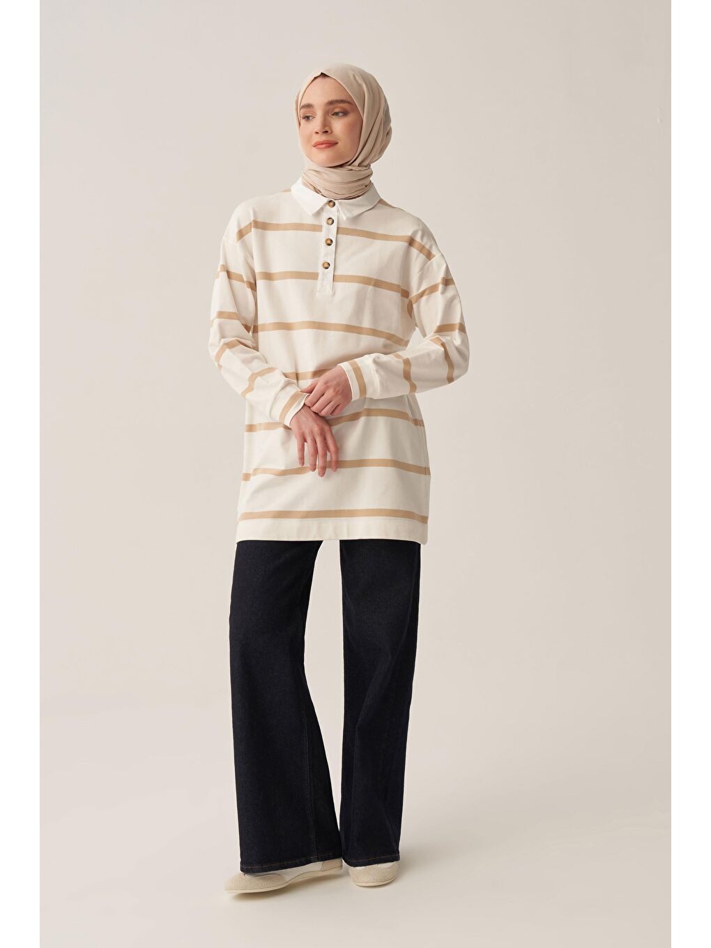 Bej-Ekru-Gömlek Garnİlİ Çİzgİlİ Sweat Tunİk-2