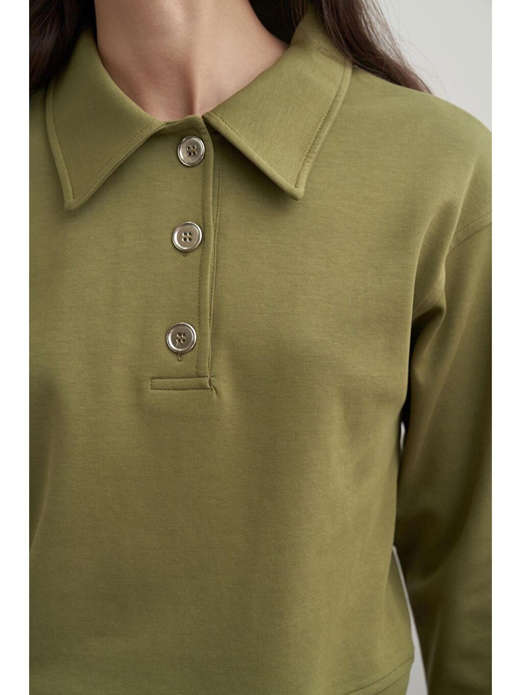 Yağ Yeşili-Gömlek Yakalı İnterlok Sweatshırt-4