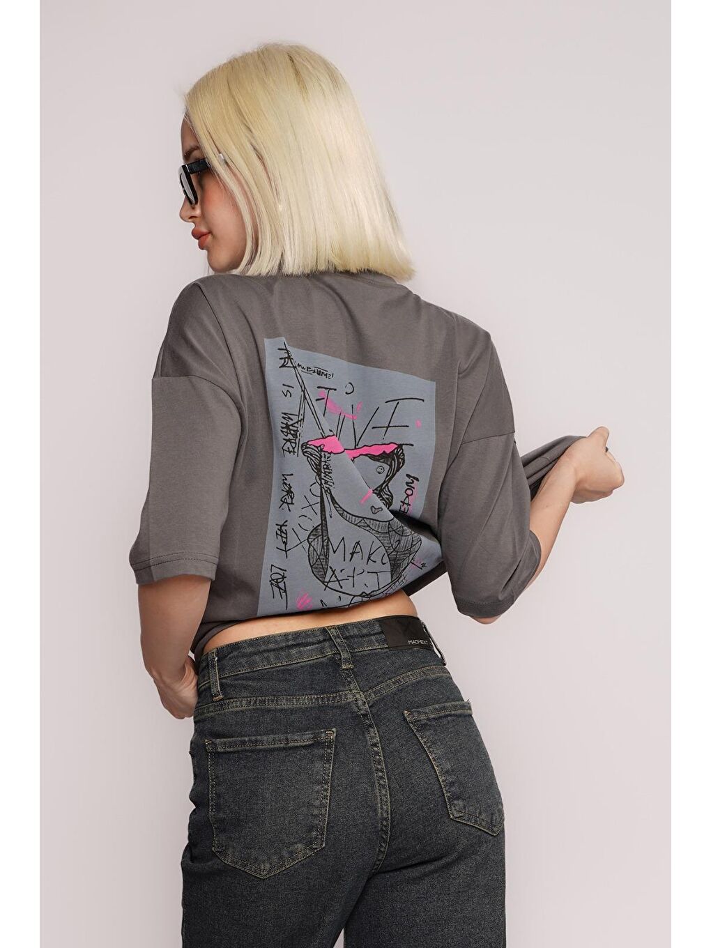 Gri Füme Baskılı Oversize Tişört Mg1491