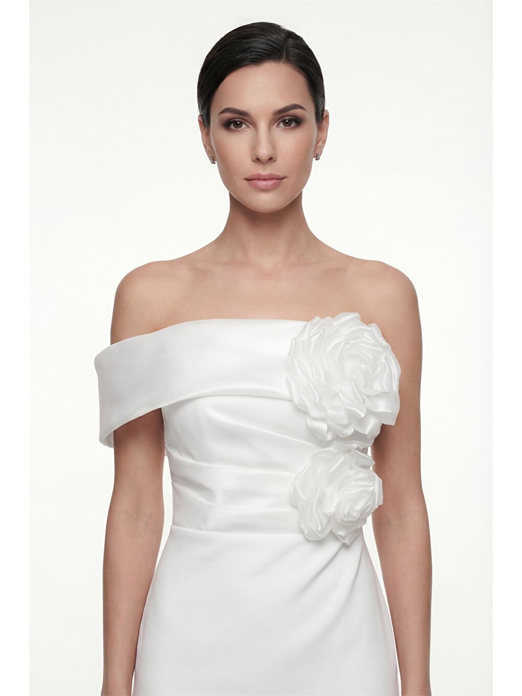 Kadın Beyaz Kayık Yaka Çiçek Detaylı Söz Nişan Nikah Abiye Elbise-2