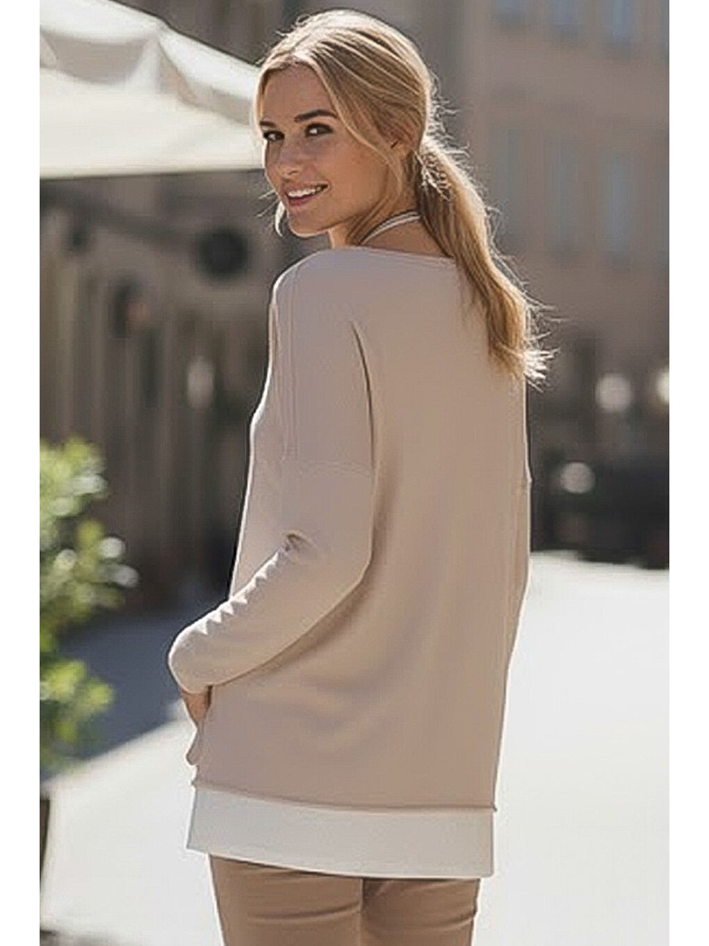 Bej Havuz Yaka Uzun Kol İnce İkili Set Kolyeli Casual Oversize Triko Bluz 70 74-6