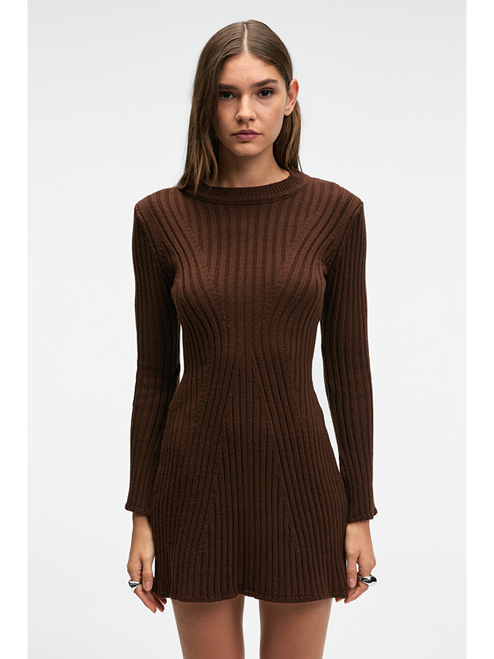 Encanto Kadın Yuvarlak Yaka Çizgi Desenli Slim Fit Kahverengi Elbise-4
