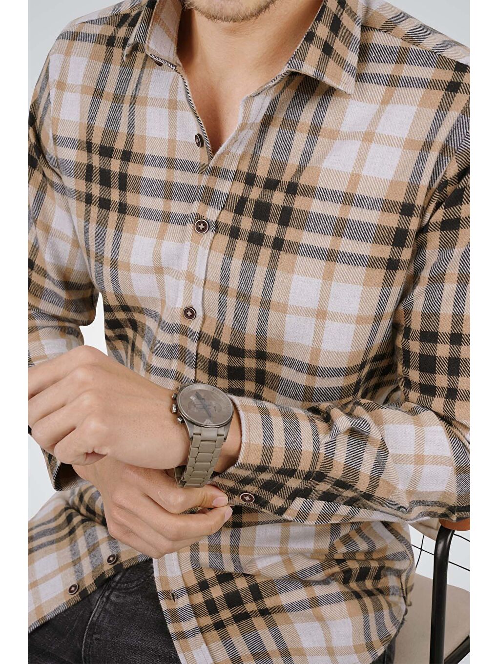 Beyaz Açık Kahve Çizgili SlimFit Oduncu Erkek Gömlek