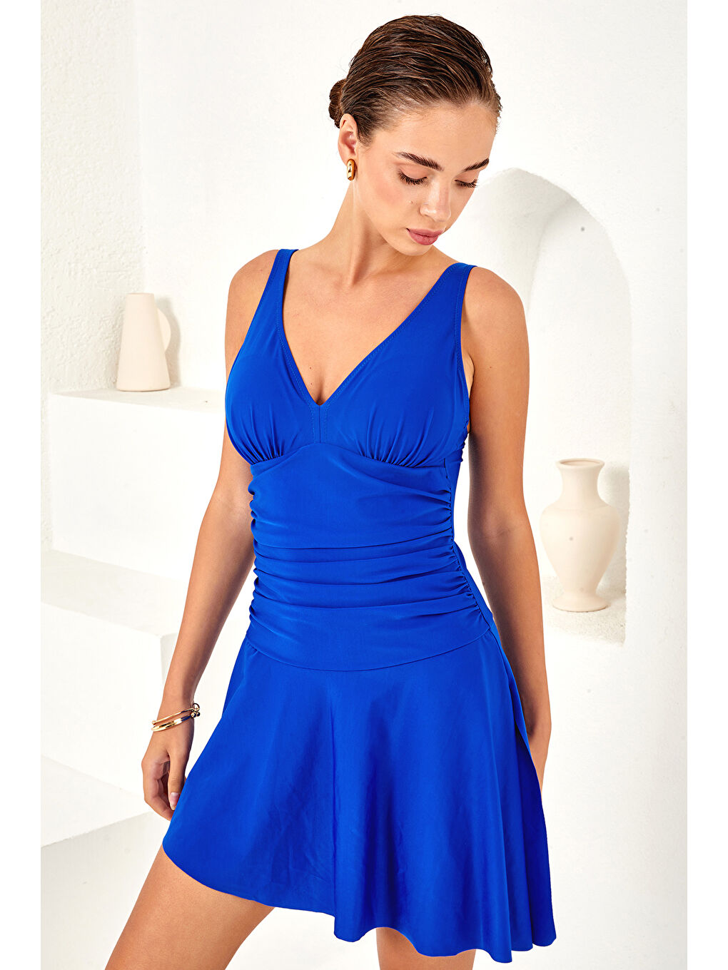 Mavi UV Korumalı V Yaka Elbise Mayo Etekli Mayo Yüzücü Mayo 4153 Saks