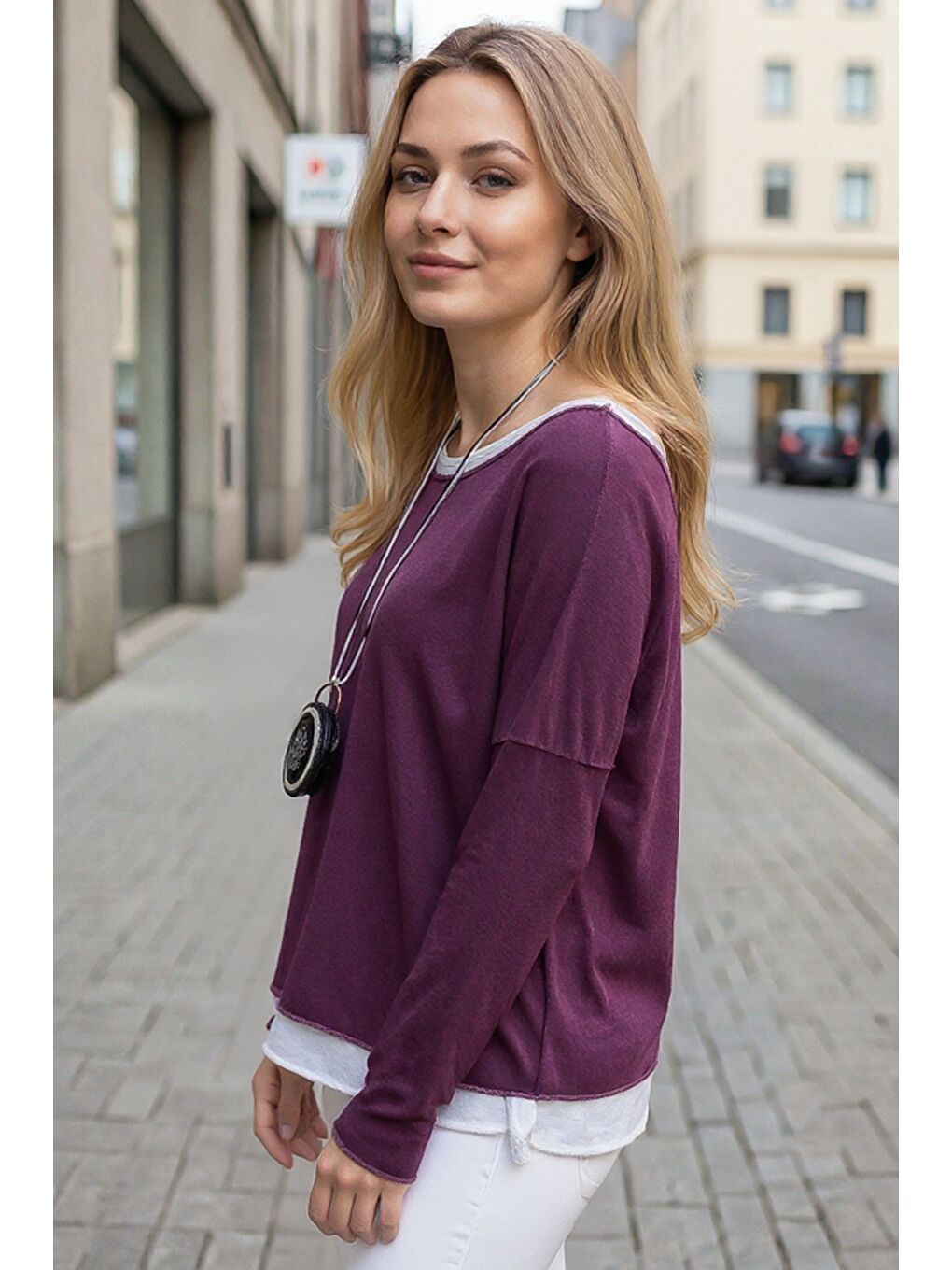 Mürdüm Rengi Havuz Yaka Uzun Kol İnce İkili Set Kolyeli Casual Oversize Triko Bluz 70 74-1