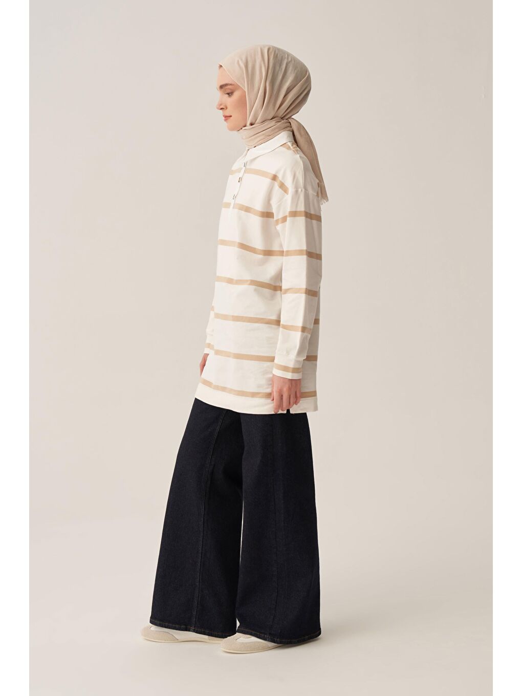 Bej-Ekru-Gömlek Garnİlİ Çİzgİlİ Sweat Tunİk-3