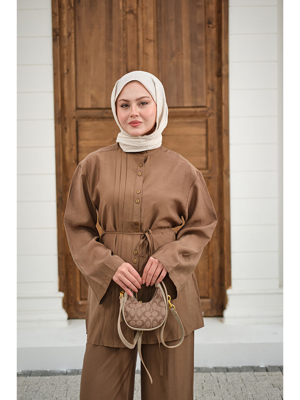 Bej Kadın Büzgü Detay Bel Bağlamalı Takım Vizon-2