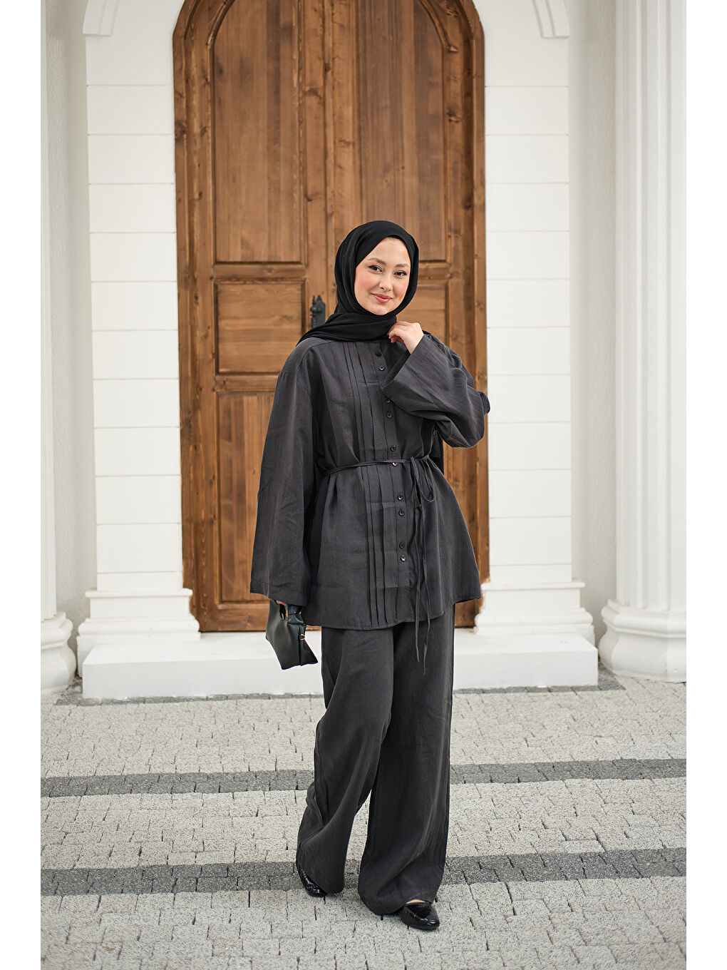 Kadın Büzgü Detay Bel Bağlamalı Takım Antrasit-4