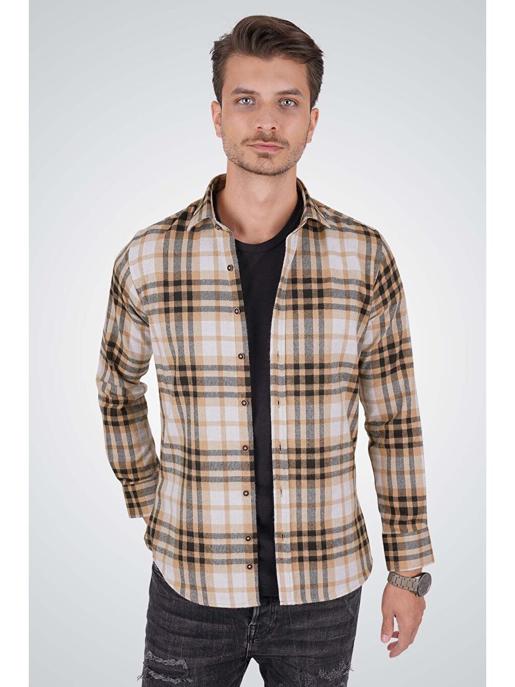 Beyaz Açık Kahve Çizgili SlimFit Oduncu Erkek Gömlek-4