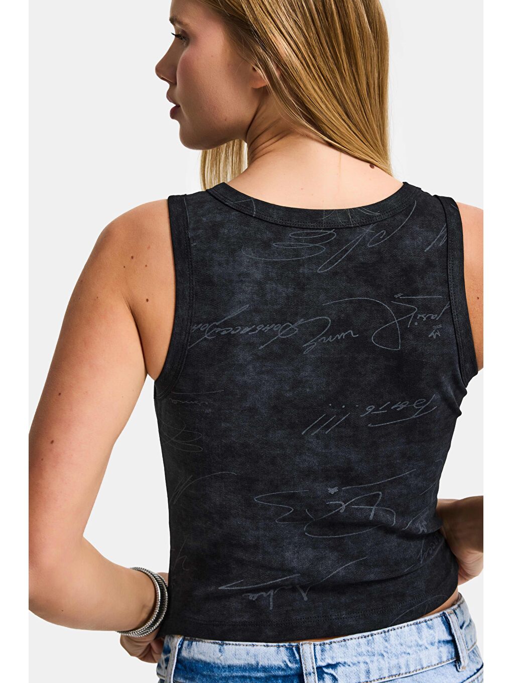 Kadın Siyah Antrasit w5 Crop Özel Baskılı Yıkamalı Kumaş Tasarım Body-3