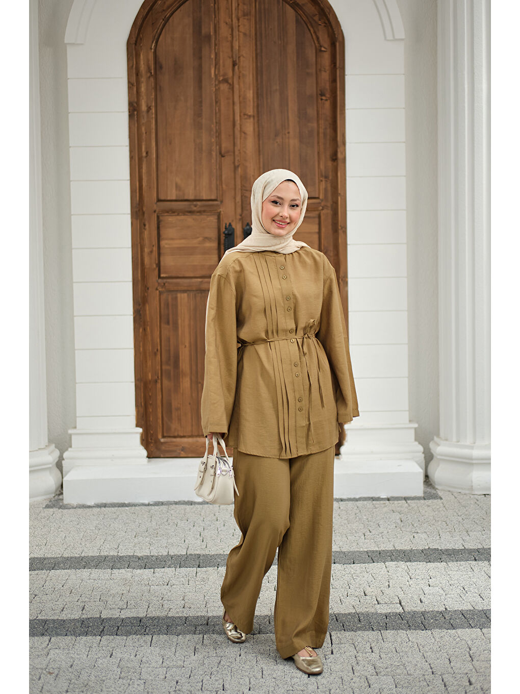 Kadın Büzgü Detay Bel Bağlamalı Takım Yağ Yeşil-3