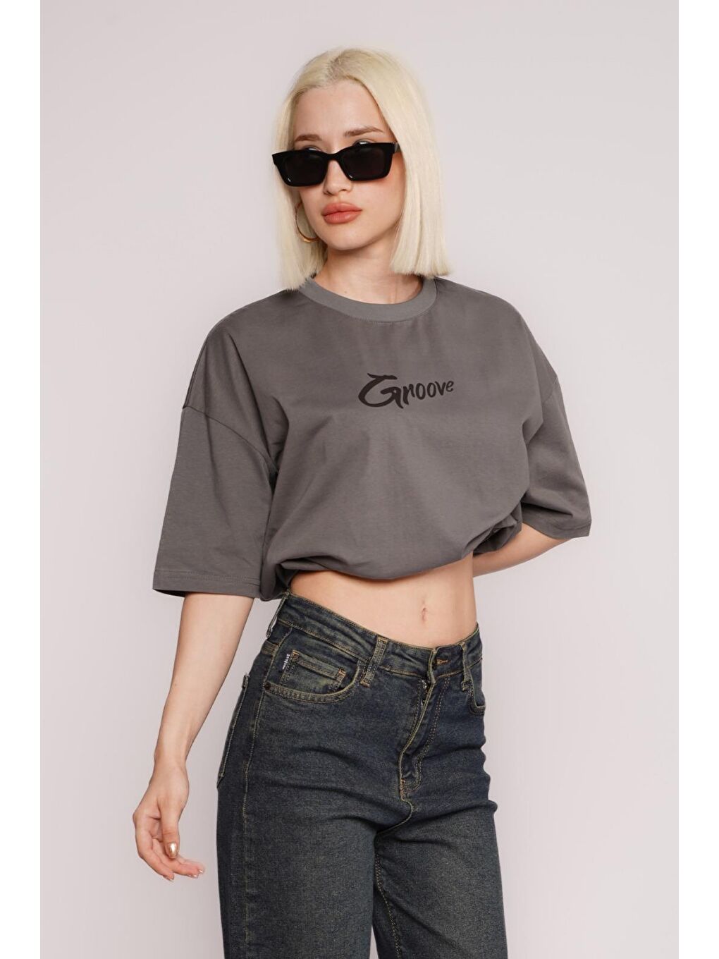 Gri Füme Baskılı Oversize Tişört Mg1491-1