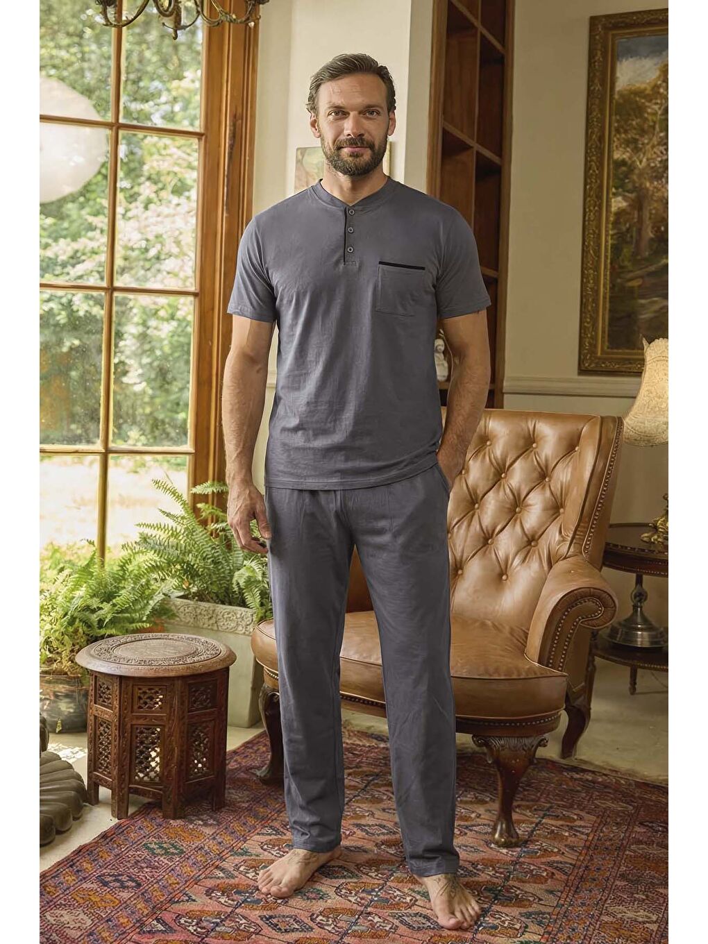 Gri Erkek Kısa Kol Pamuklu Pijama Takımı 260424 Füme