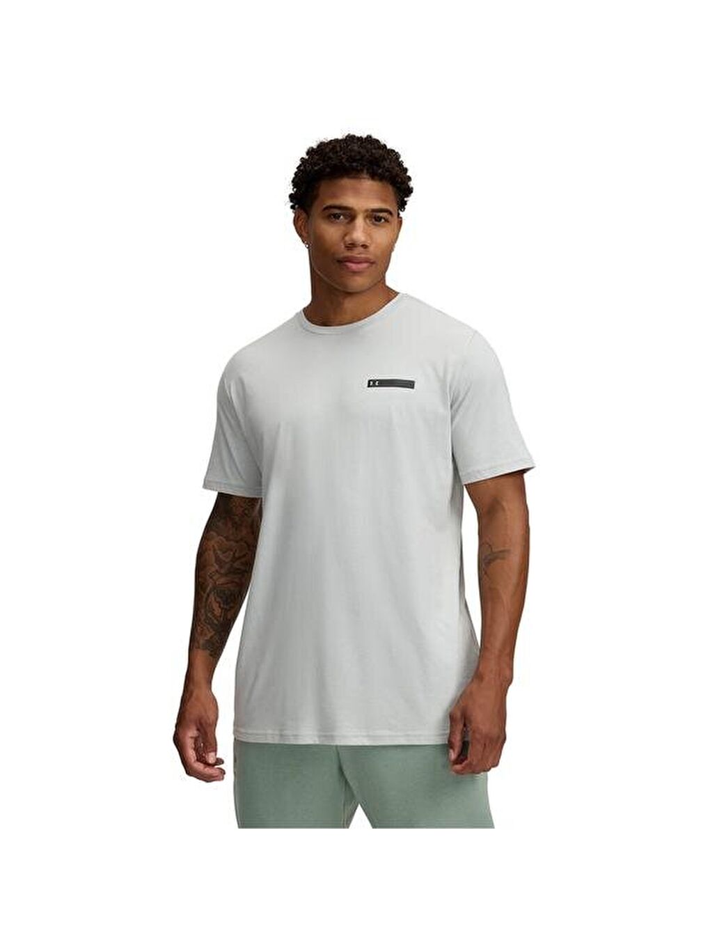 Left Chest Strip Logo Erkek Gri Yuvarlak Yaka Tişört