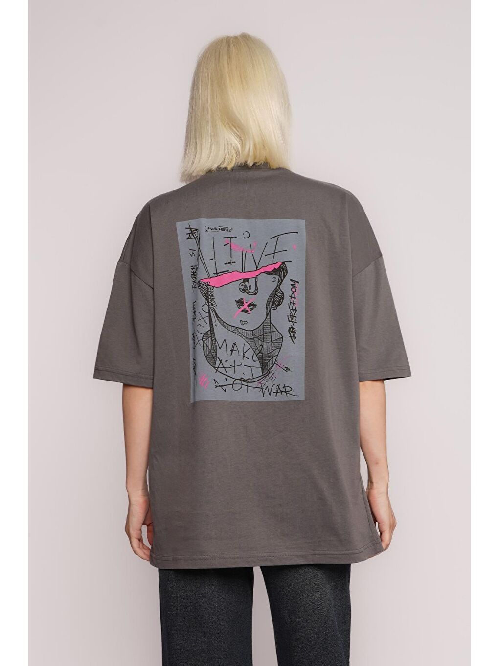 Gri Füme Baskılı Oversize Tişört Mg1491-2