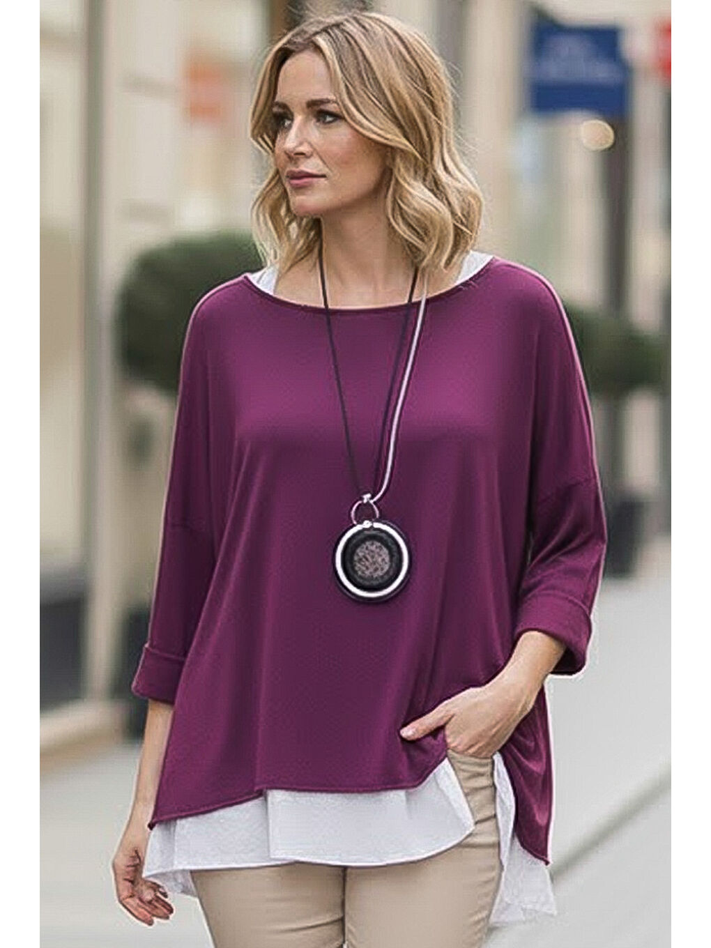 Mürdüm Rengi Havuz Yaka Uzun Kol İnce İkili Set Kolyeli Casual Oversize Triko Bluz 70 74-3