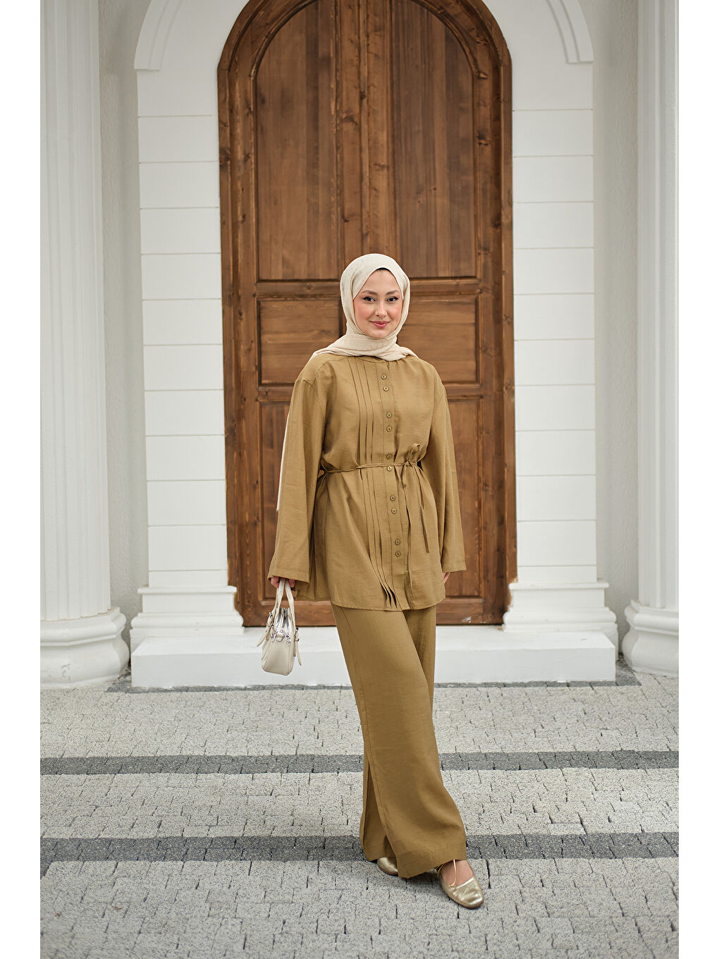 Kadın Büzgü Detay Bel Bağlamalı Takım Yağ Yeşil-4