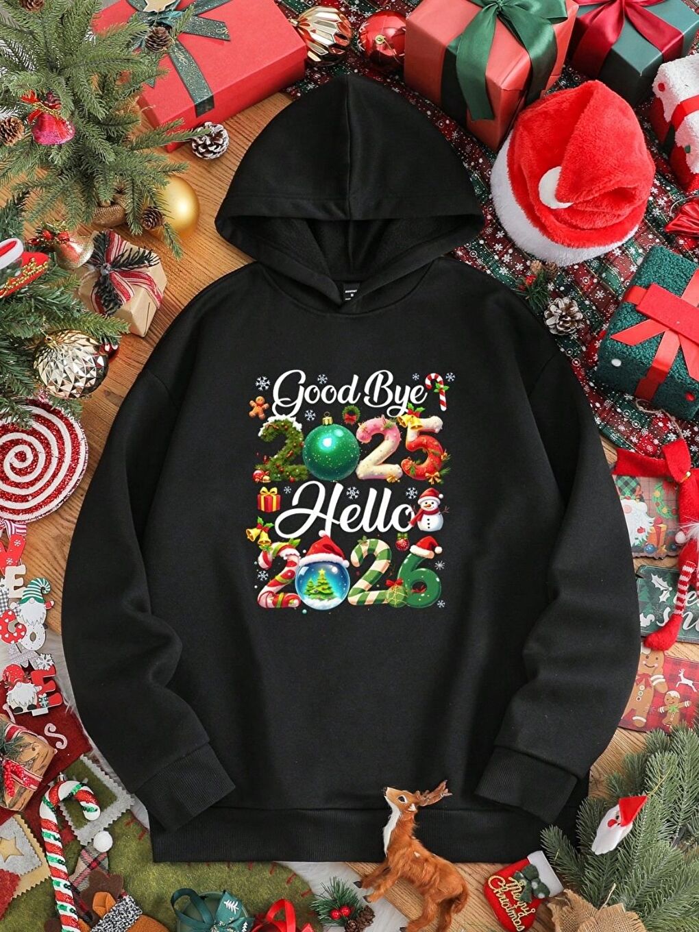 Siyah Good Bye 2025 Baskılı Oversize Kapüşonlu Sweatshirt
