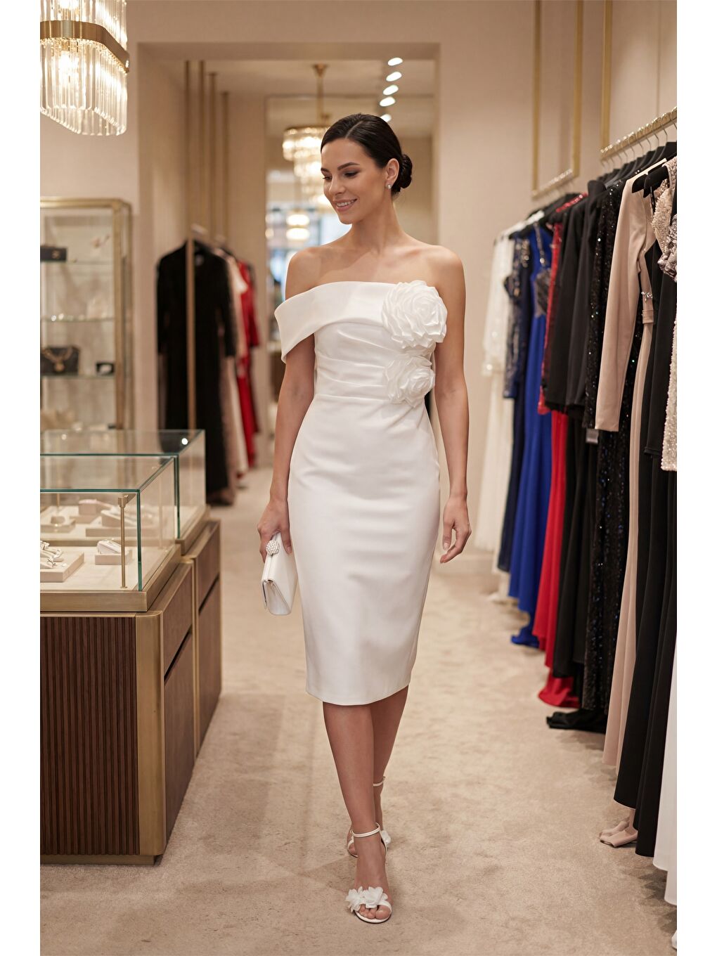 Kadın Beyaz Kayık Yaka Çiçek Detaylı Söz Nişan Nikah Abiye Elbise-3