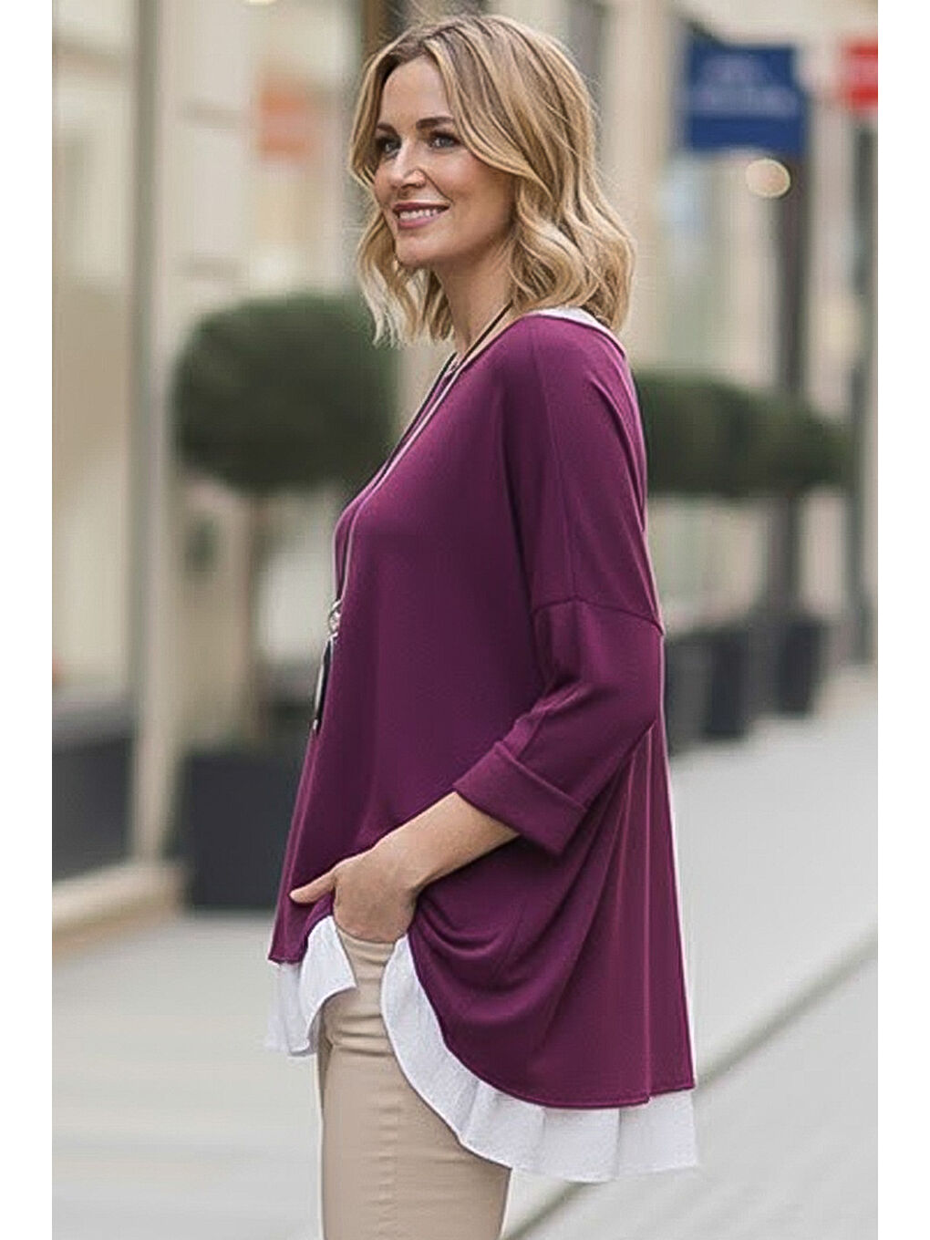 Mürdüm Rengi Havuz Yaka Uzun Kol İnce İkili Set Kolyeli Casual Oversize Triko Bluz 70 74-4