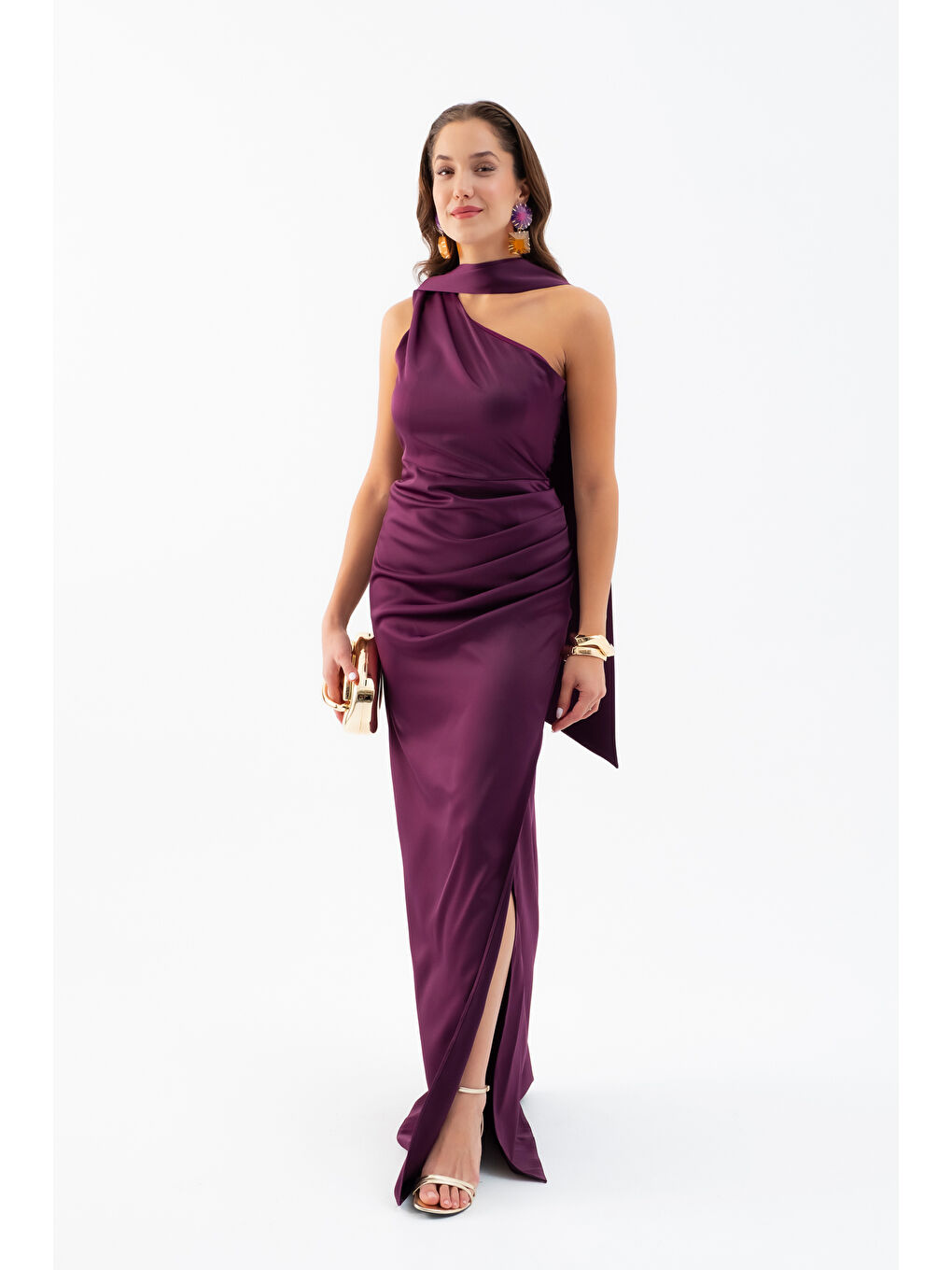 Kadın Mürdüm Fular Yaka Yırtmaçlı Uzun Saten Abiye Elbise-1