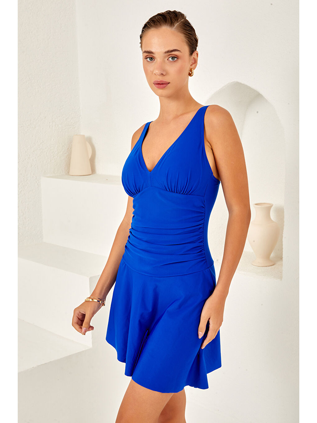 Mavi UV Korumalı V Yaka Elbise Mayo Etekli Mayo Yüzücü Mayo 4153 Saks-1