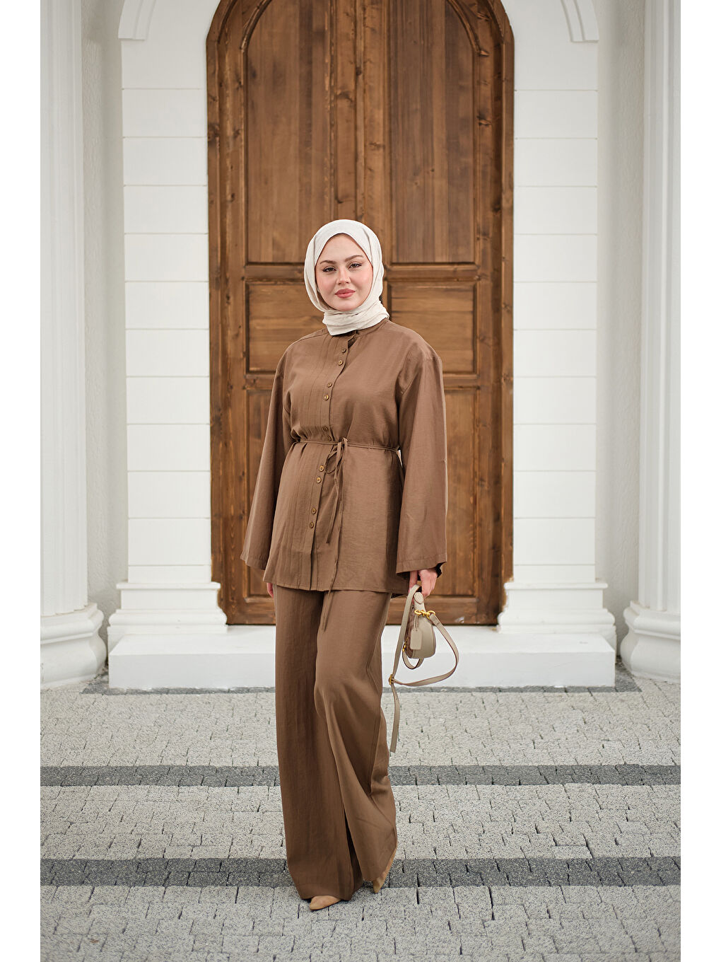 Bej Kadın Büzgü Detay Bel Bağlamalı Takım Vizon-4