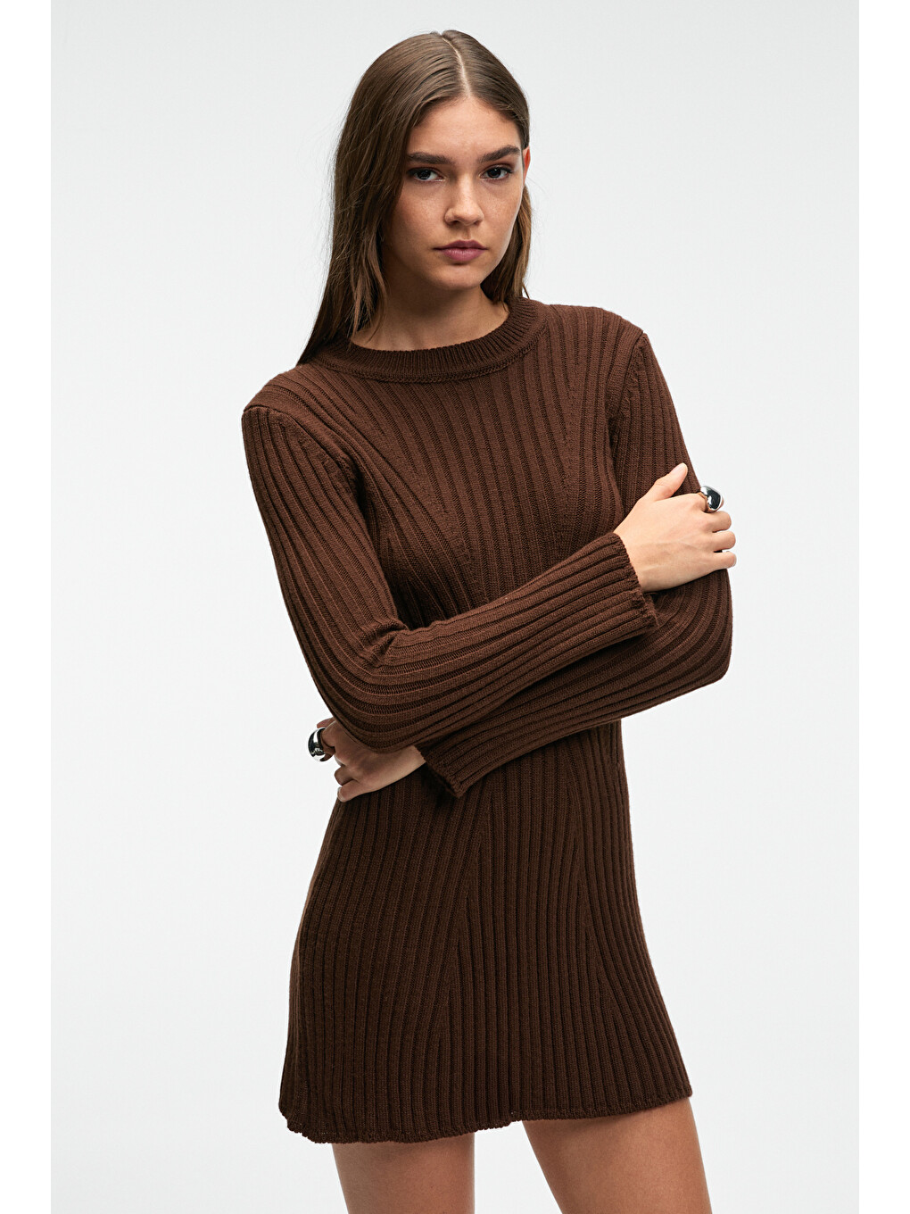 Encanto Kadın Yuvarlak Yaka Çizgi Desenli Slim Fit Kahverengi Elbise-5