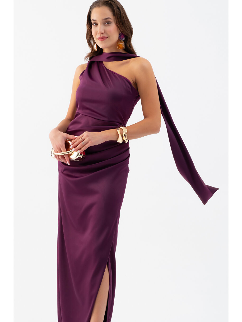 Kadın Mürdüm Fular Yaka Yırtmaçlı Uzun Saten Abiye Elbise-2