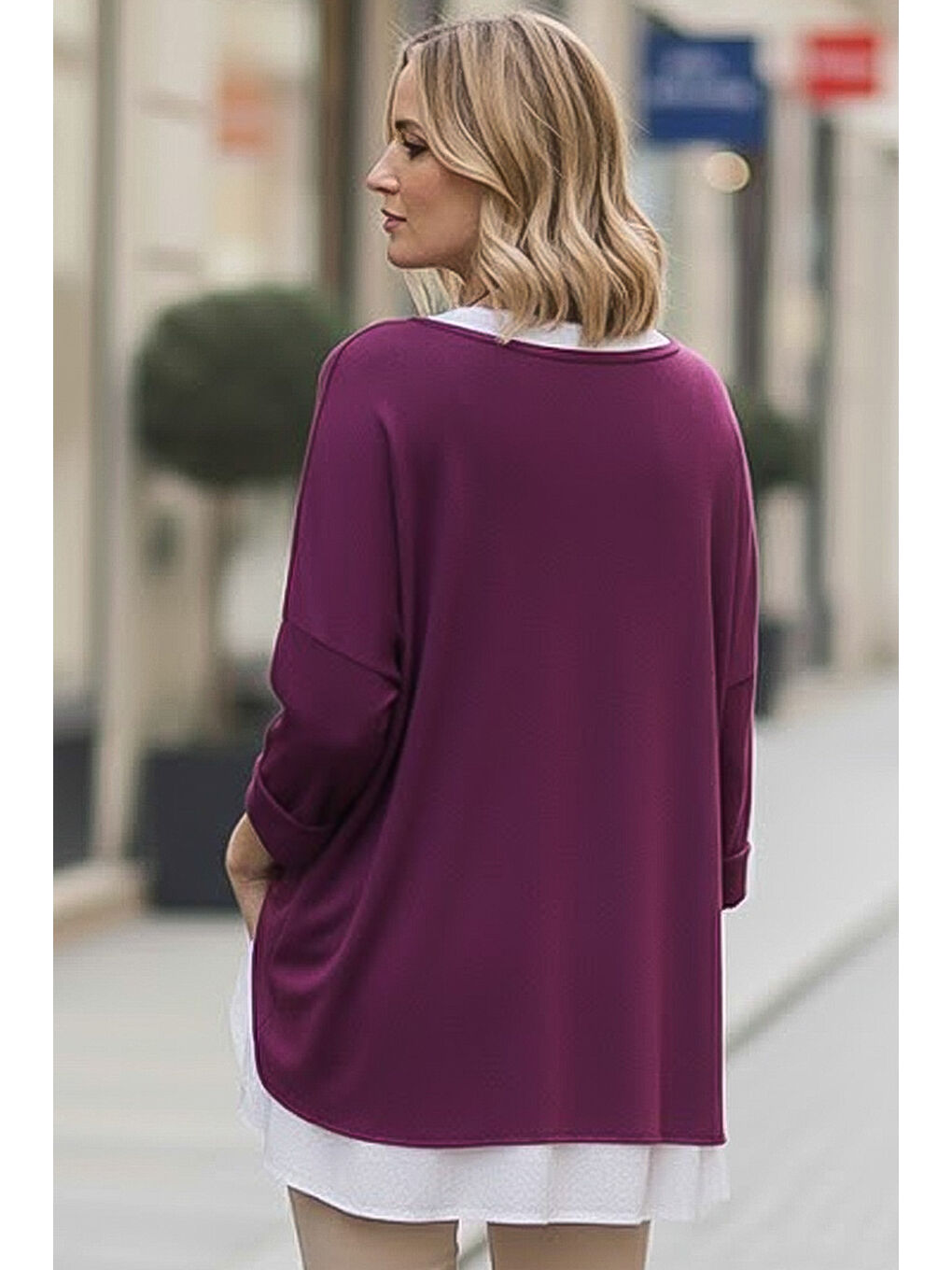 Mürdüm Rengi Havuz Yaka Uzun Kol İnce İkili Set Kolyeli Casual Oversize Triko Bluz 70 74-5