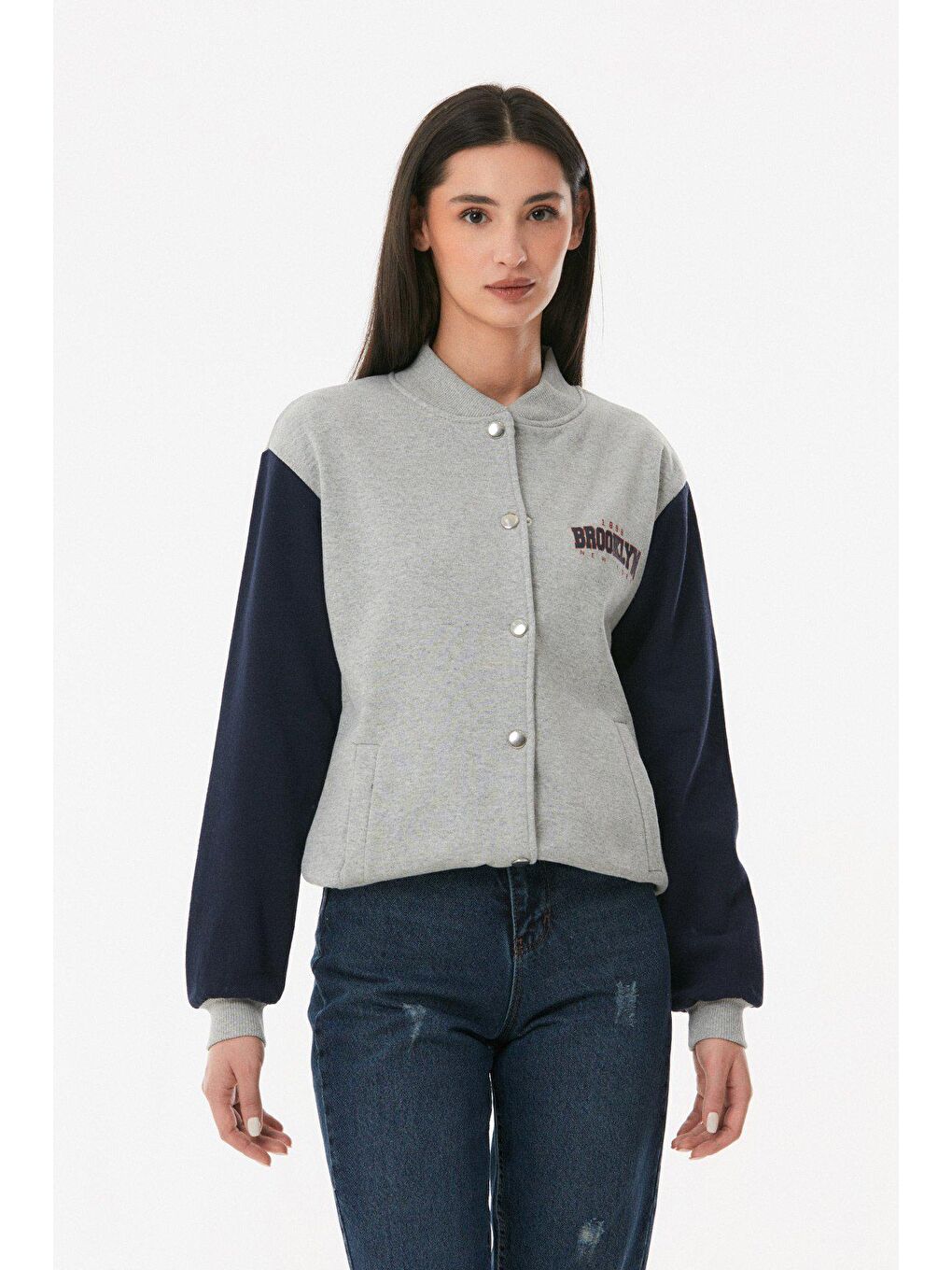 Gri Brooklyn Baskılı Çıt Çıtlı Kolej Ceket-3