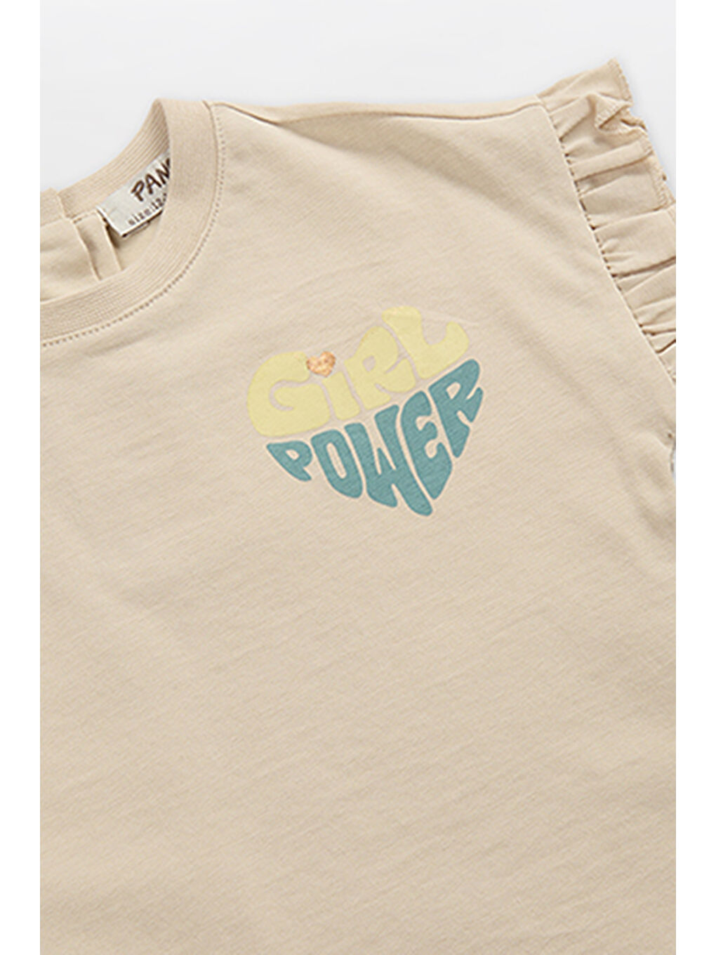 Kız Bebek Kolları Fırfırlı Baskılı Crop Bej Tişört-2