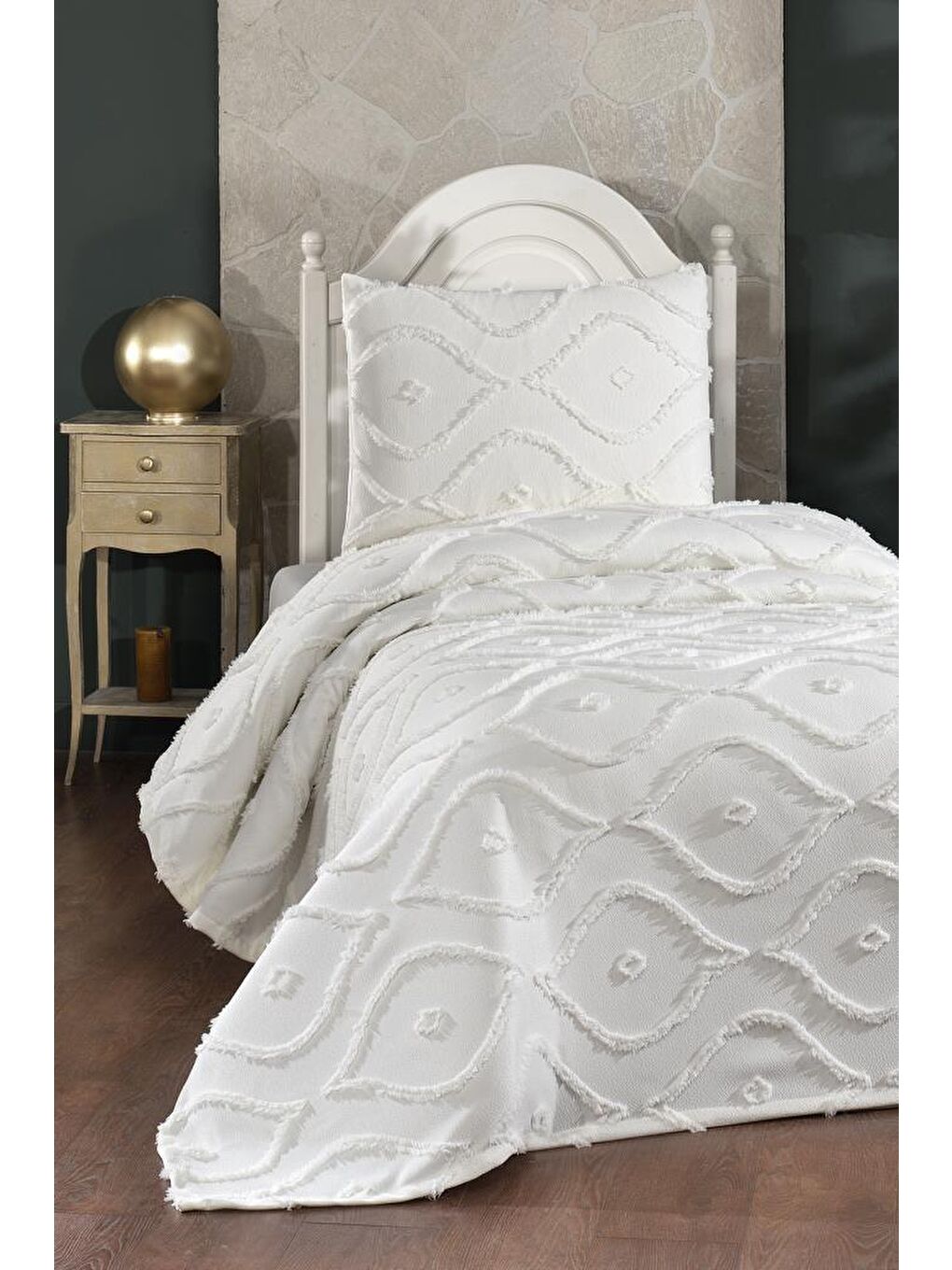 Ekru Pirot 2 Parça Tek Kişilik Pike Takımı Krem