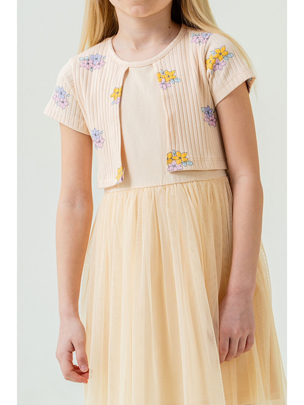 Kız Çocuk Çiçek Desenli Tüllü Elbise 2-7 Yaş Bej 007-1