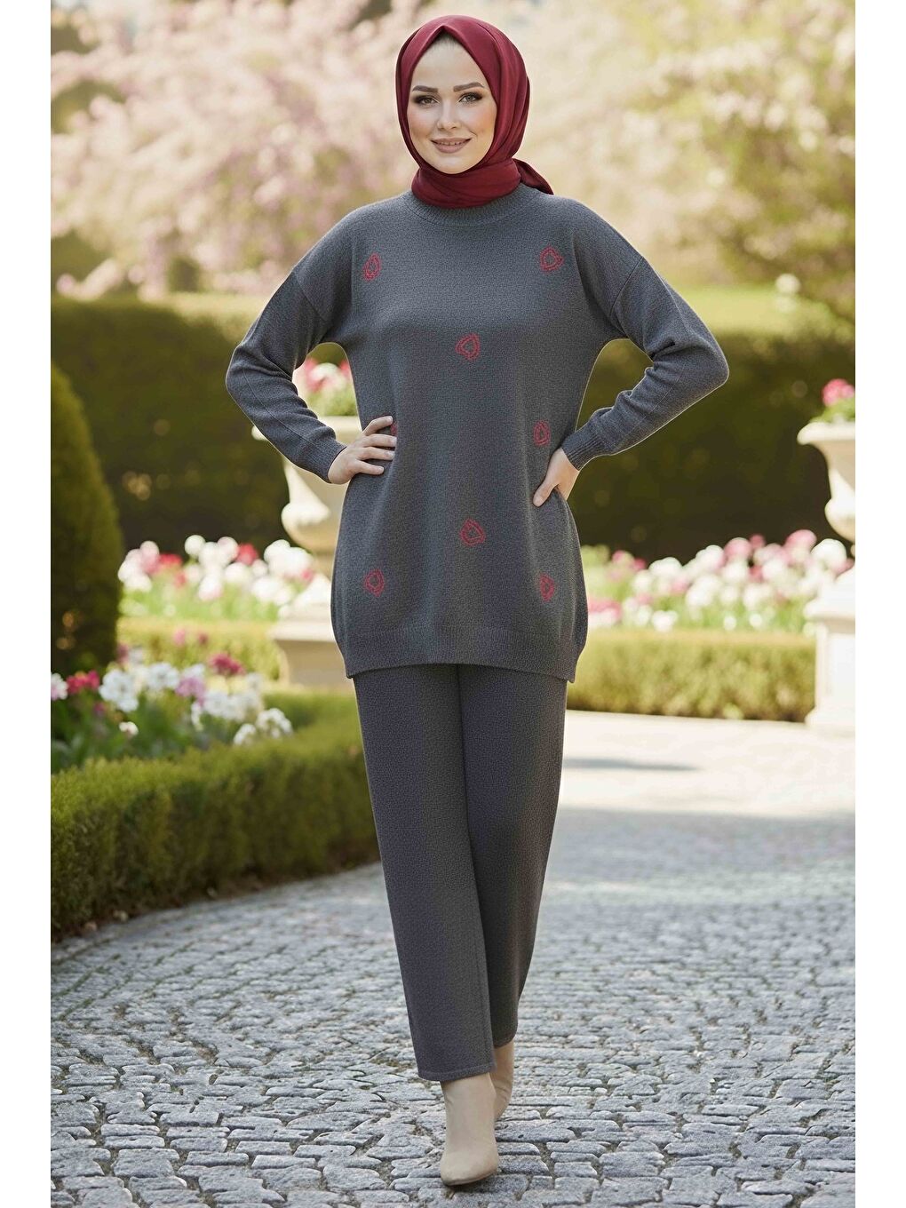 Kalp Detaylı Triko İkili Takım Antrasit - 28124-ANTRASIT-1