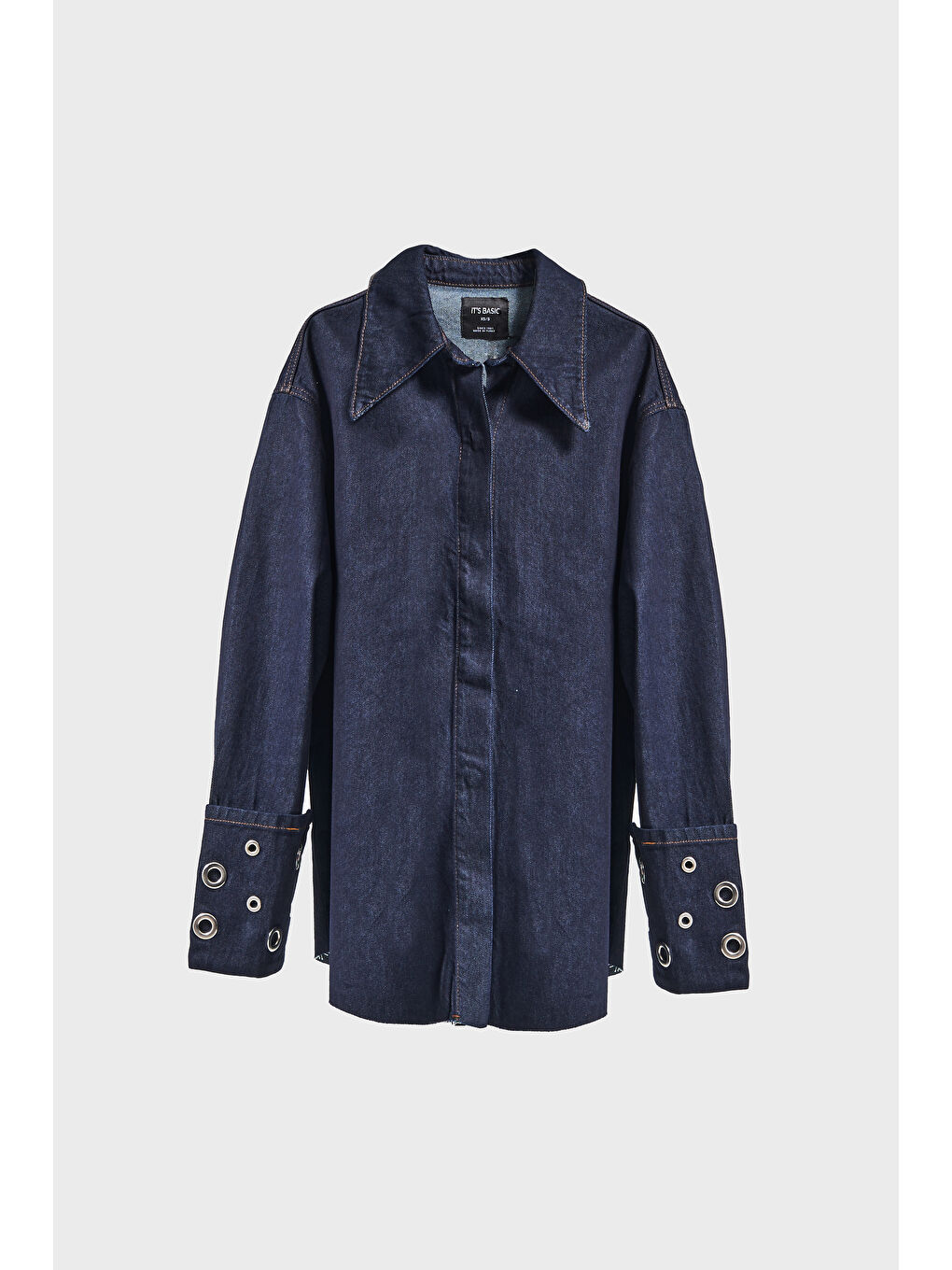 Kadın İndigo Renk 7w5-50 Süper Oversize %100 Pamuk Kuş Gözü Detaylı Tasarım Denim Gömlek Ceket-1