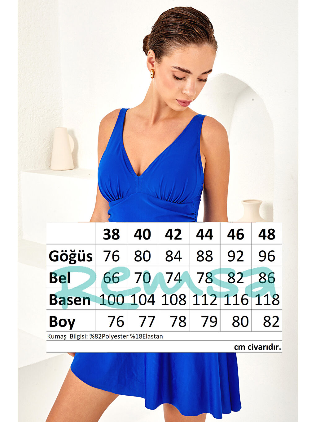 Mavi UV Korumalı V Yaka Elbise Mayo Etekli Mayo Yüzücü Mayo 4153 Saks-3