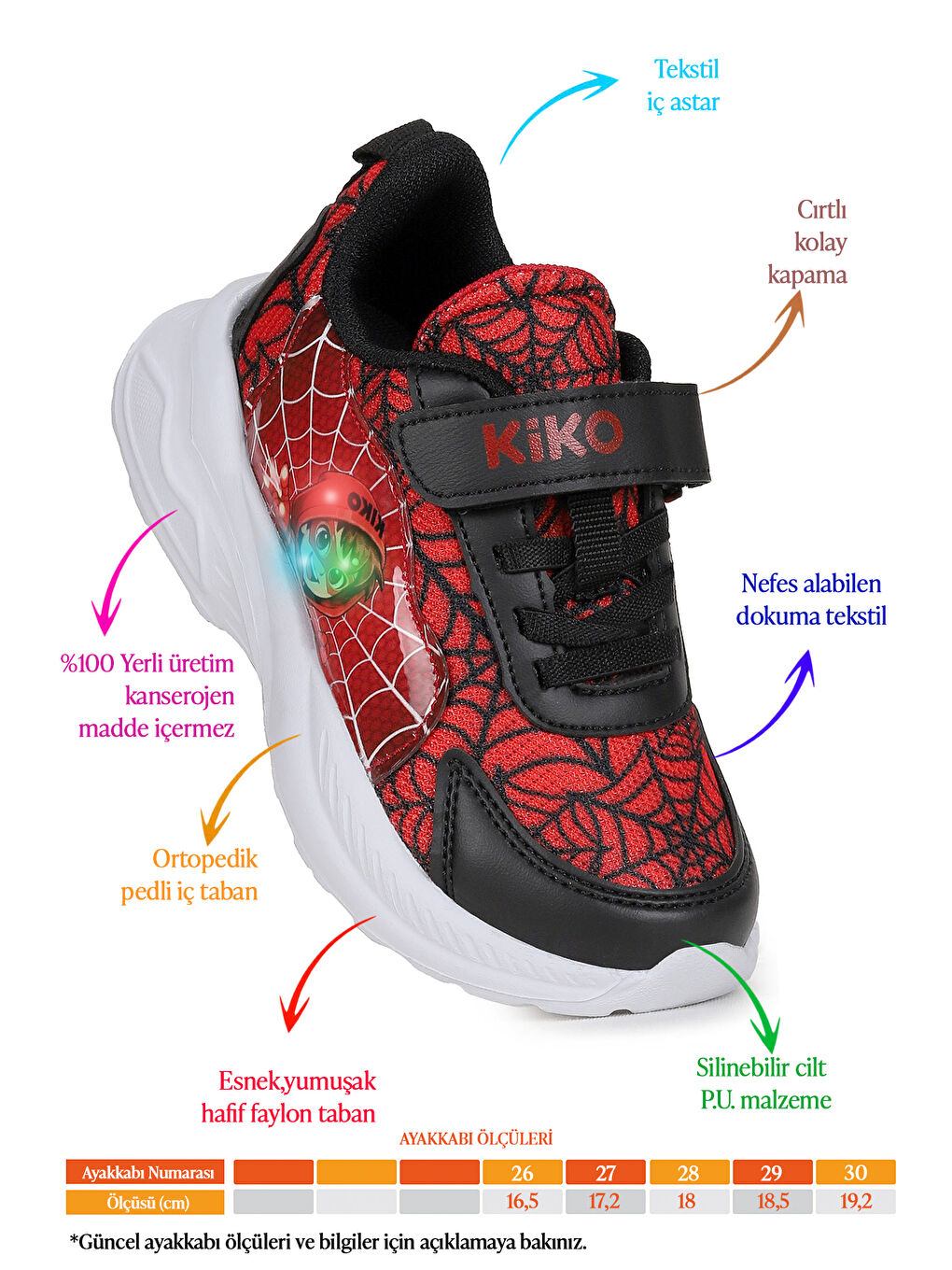 Kırmızı Spider Işıklı Cırtlı Faylon Taban Erkek Çocuk Spor Ayakkabı-1