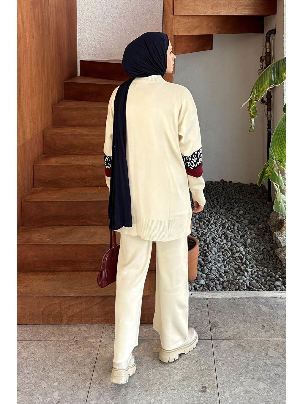 Ekru Desenli Triko Takım Krem-3