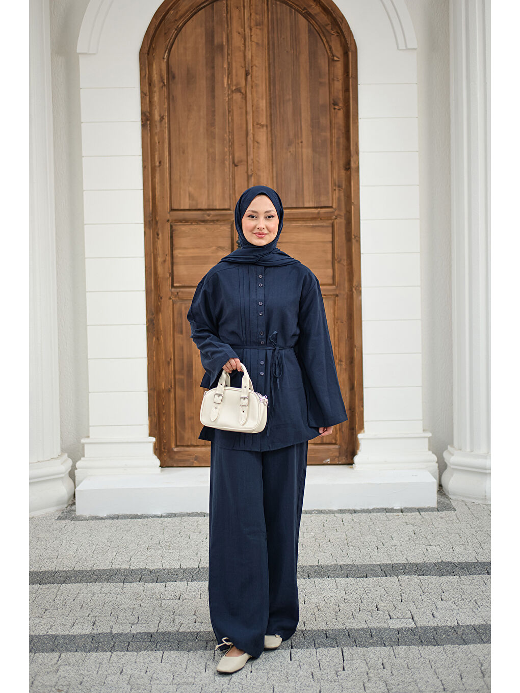 Kadın Büzgü Detay Bel Bağlamalı Takım Lacivert-1