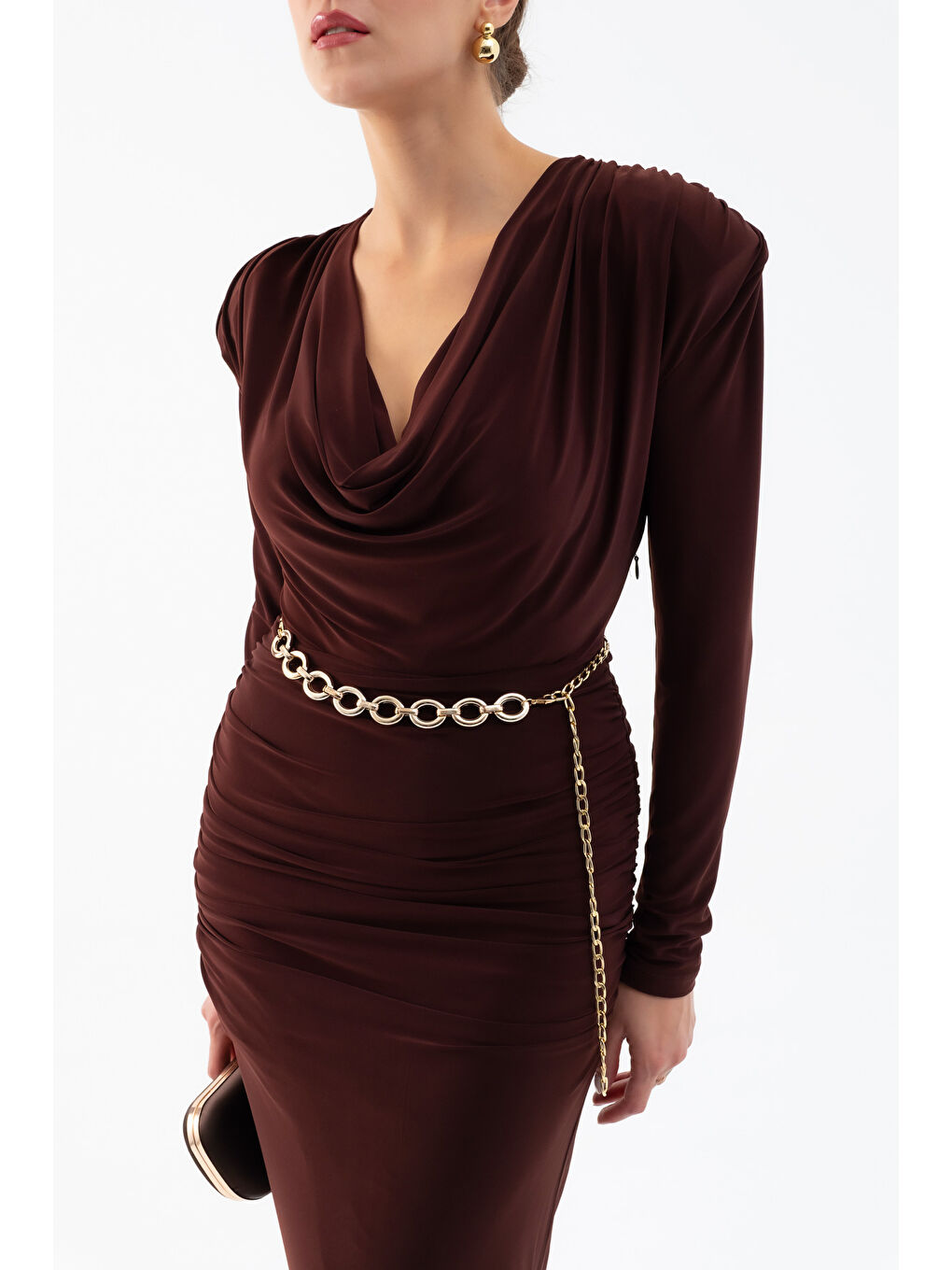 Kadın Kahverengi Degaje Yaka Zincir Kemerli Maxi Elbise-3