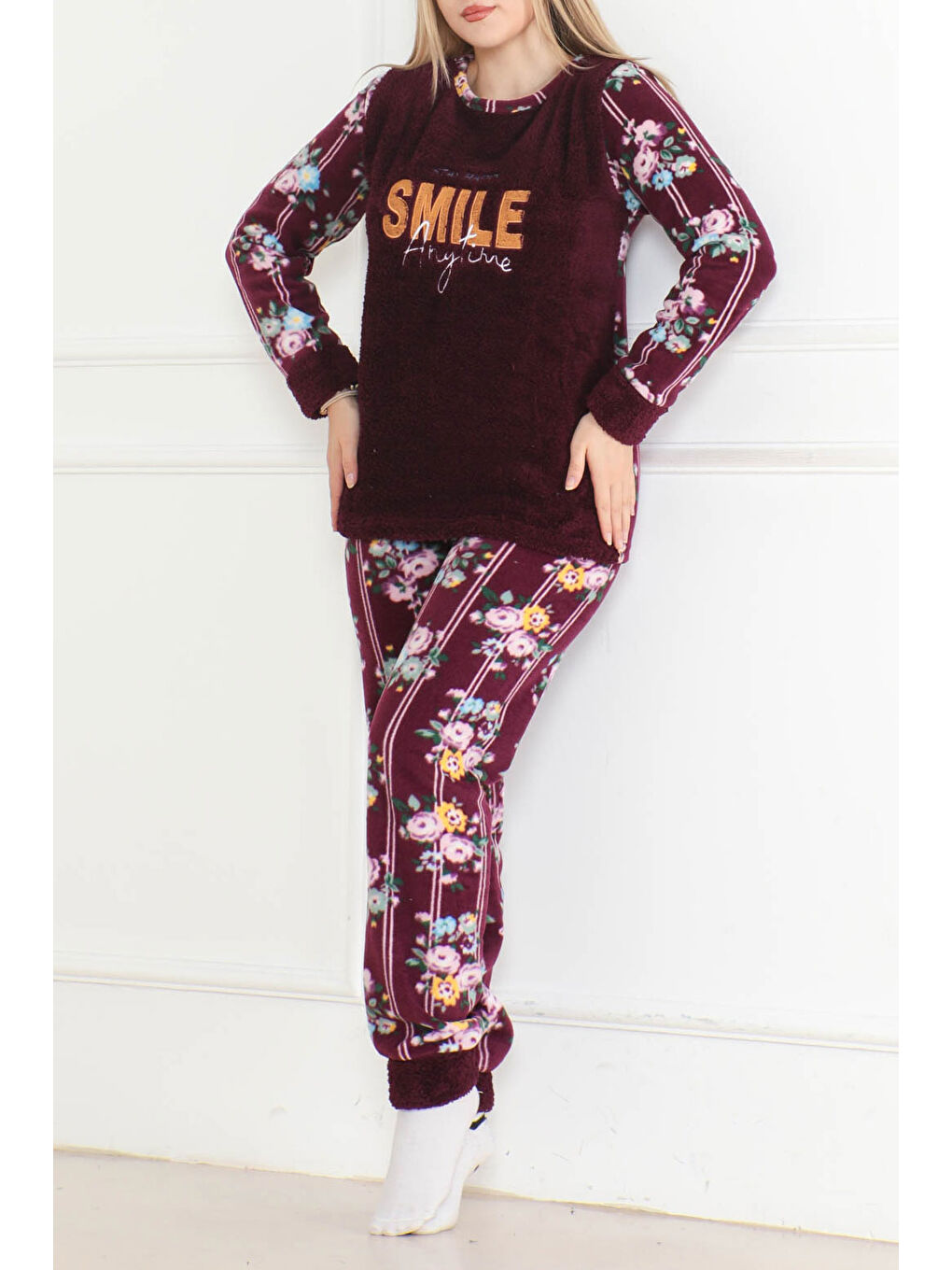 Nakışlı Pelüş Polar Pijama Takım Mor   26633-1