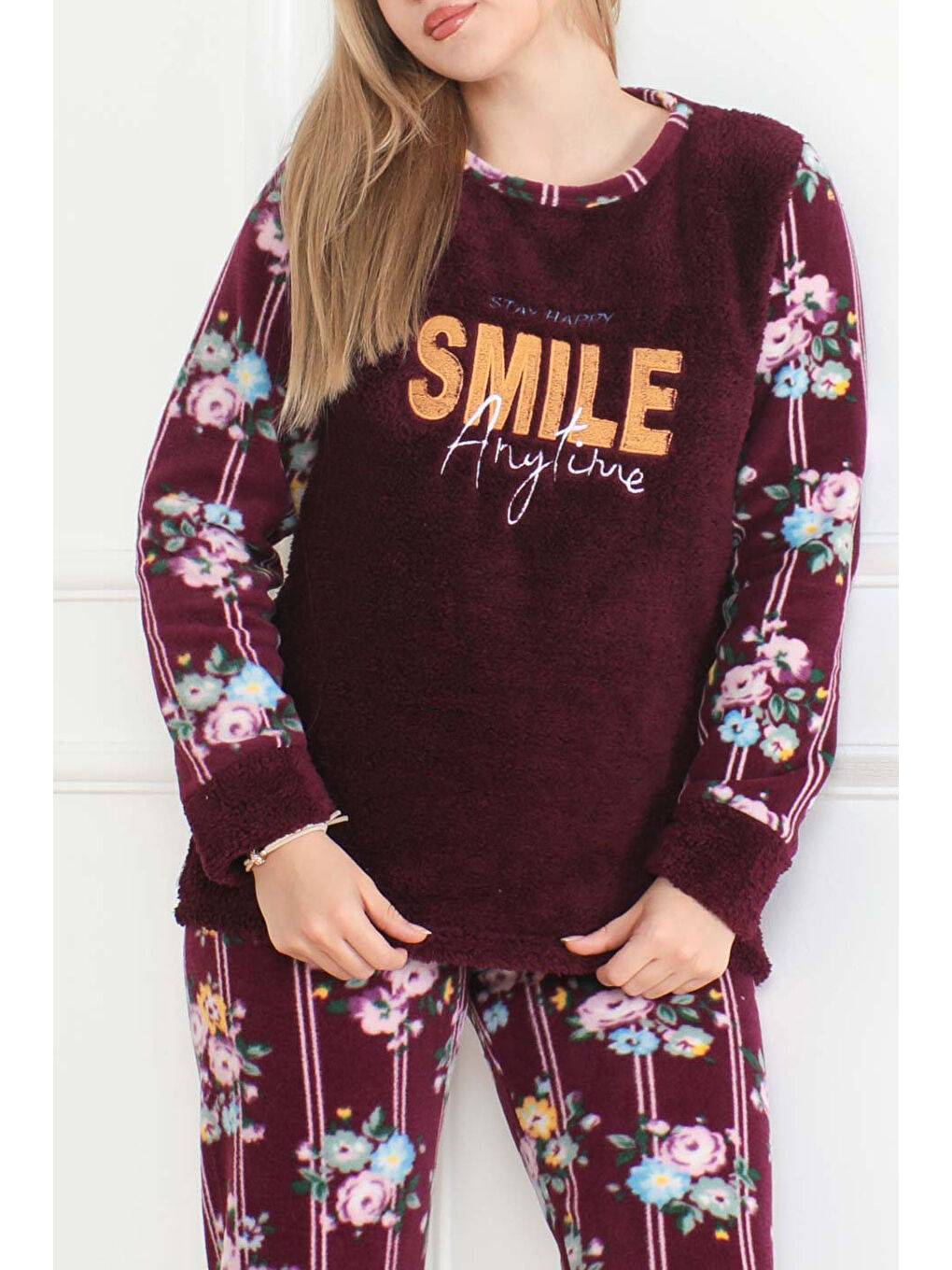 Nakışlı Pelüş Polar Pijama Takım Mor   26633-2