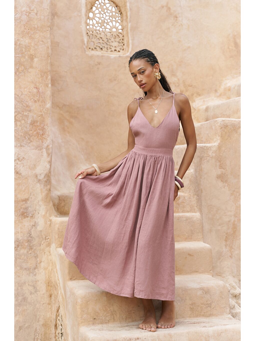 Eara Askılı Açık Bordo Uzun Keten Elbise-1