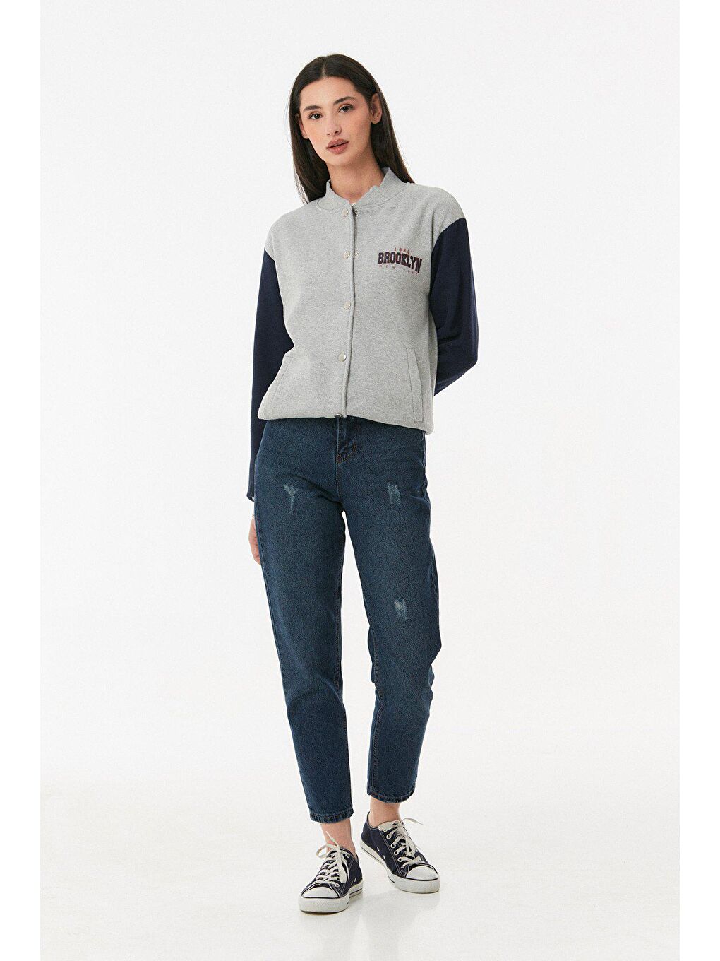 Gri Brooklyn Baskılı Çıt Çıtlı Kolej Ceket-4