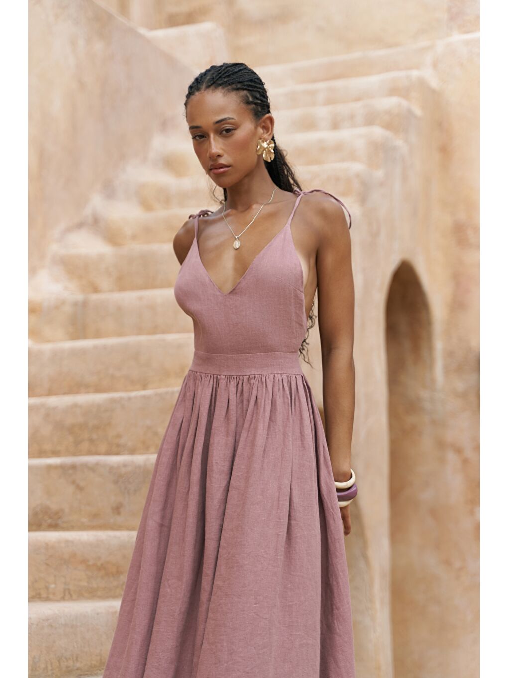 Eara Askılı Açık Bordo Uzun Keten Elbise-2