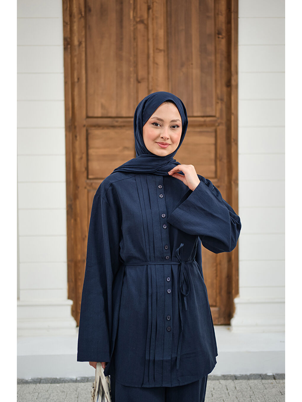 Kadın Büzgü Detay Bel Bağlamalı Takım Lacivert-2