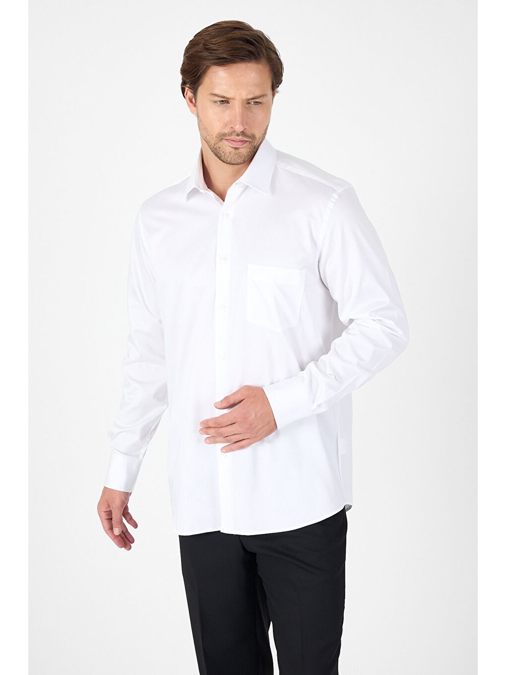 Beyaz Sert Yaka Düz Classic %100 Pamuk Comfort Fit Büyük Beden Gömlek 1004250323-2